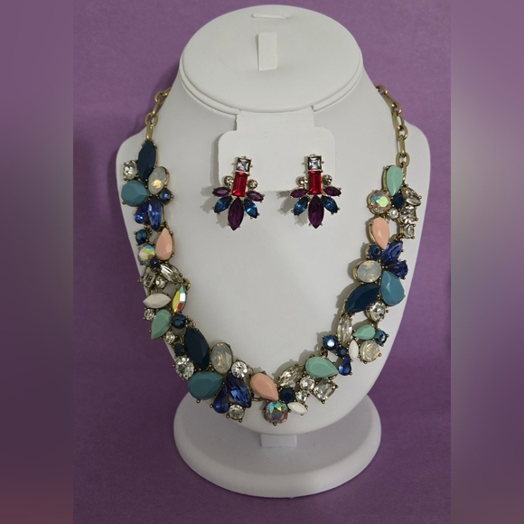 J Crew Multicolor Crystal Rhinestone Statement Necklace Unbranded Earring Set - Picture 6 of 16